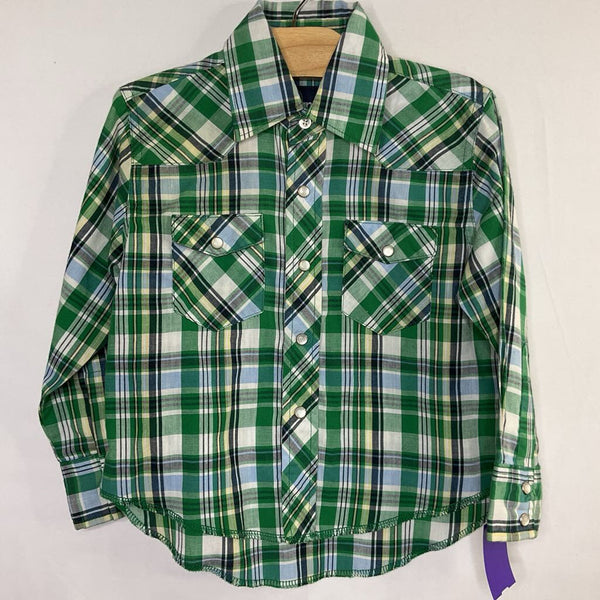 Size 3-4: Wrangler Green/Yellow/Blue Plaid Snap-Up Shirt