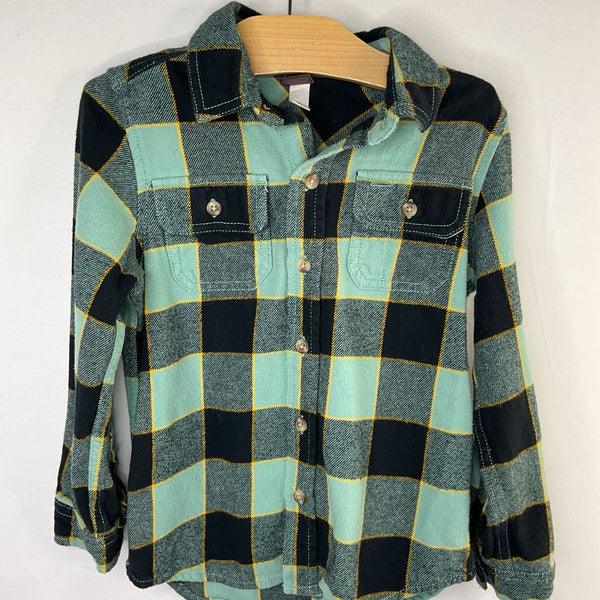 Size 6: Tea Green/Black/Yellow Plaid Flannel Button-Up Shirt