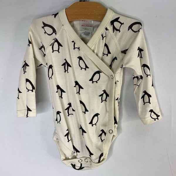 Size 3-6m (60): Hanna Andersson Cream/Black Penguins Long Sleeve Side Snap Onesie