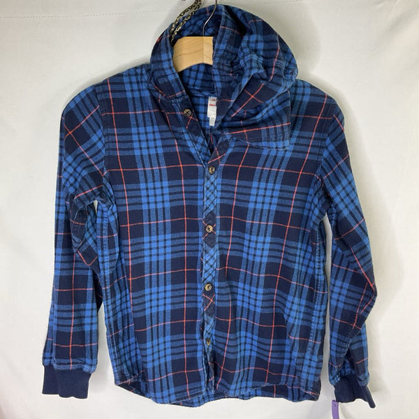 Size 10 (140): Hanna Andersson Blue/Red Plaid Flannel HoodedButton-Up Shirt