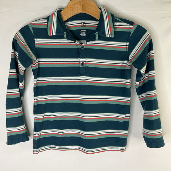 Size 7: Tea Blue/White/Red Striped Long Sleeve Polo