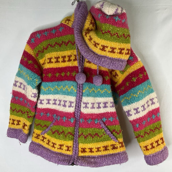 Size 6: Colorful Striped Wool Blend Hooded Zip Sweater