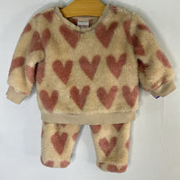 Size 3-6m (60): Hanna Andersson Beige/Pink Hearts Fleece 2pc Sweat Set