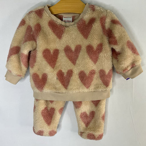 Size 3-6m (60): Hanna Andersson Beige/Pink Hearts Fleece 2pc Sweat Set