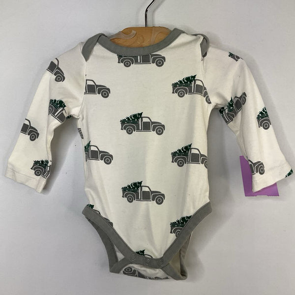 Size 0-3m: Monica + Andy White Grey Truck w/ Christmas Tree Long Sleeve Onesie