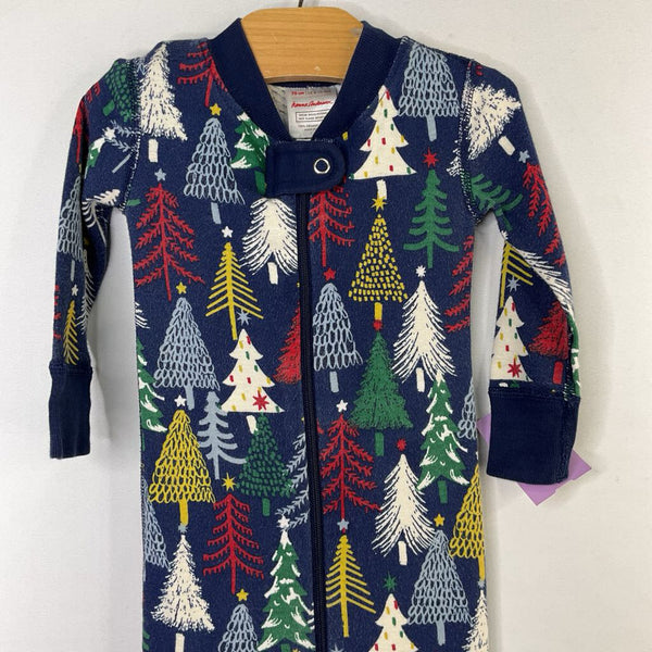 Size 6-12m (70): Hanna Andersson Blue/Colorful Trees1pc Zip Holiday PJs REDUCED