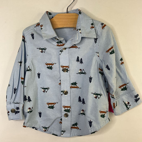Size 12-18m: Old Navy Blue Holiday Car Button-Up Collared Long Sleeve Shirt