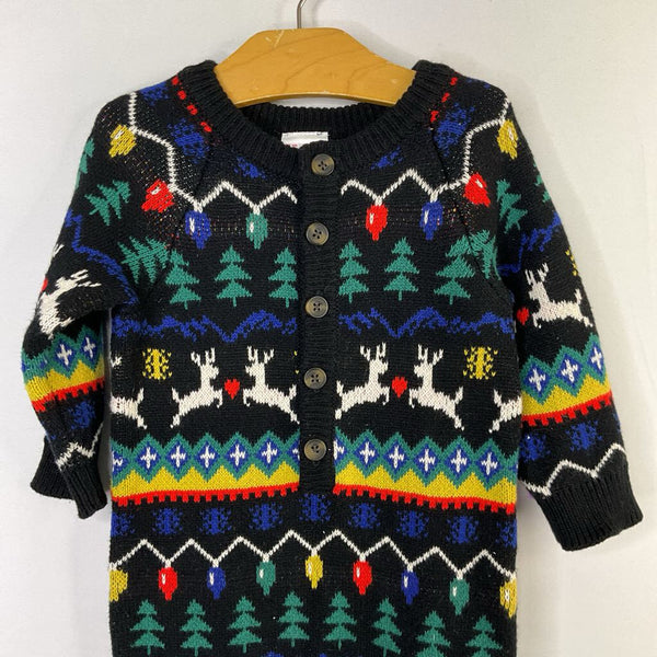 Size 12-18m (75): Hanna Andersson Black/Colorful Reindeer/Lights Sweater Romper