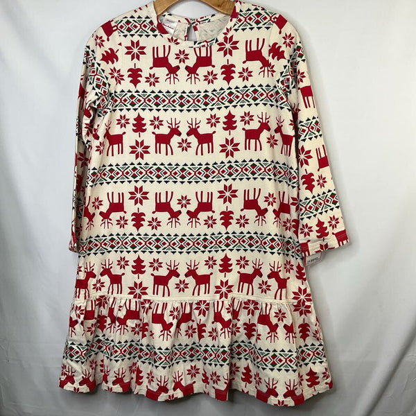 Size 10 (140): Hanna Andersson Creme Red/Green Reindeer Long Sleeve Dress