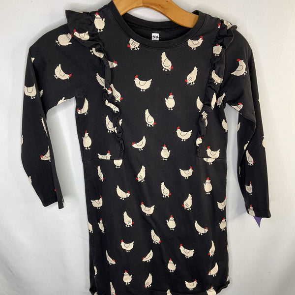 Size 8: Tea Black/White Chickens Ruffle Trim Long Sleeve Dress