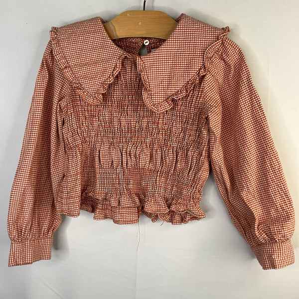 Size 6-7: Zara Orange/White Gingham Collar Smocked Top