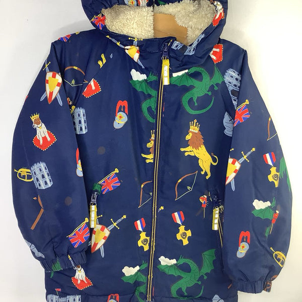 Size 4-5: Boden Blue/Colorful Royal Dragons Sherpa Lined Coat