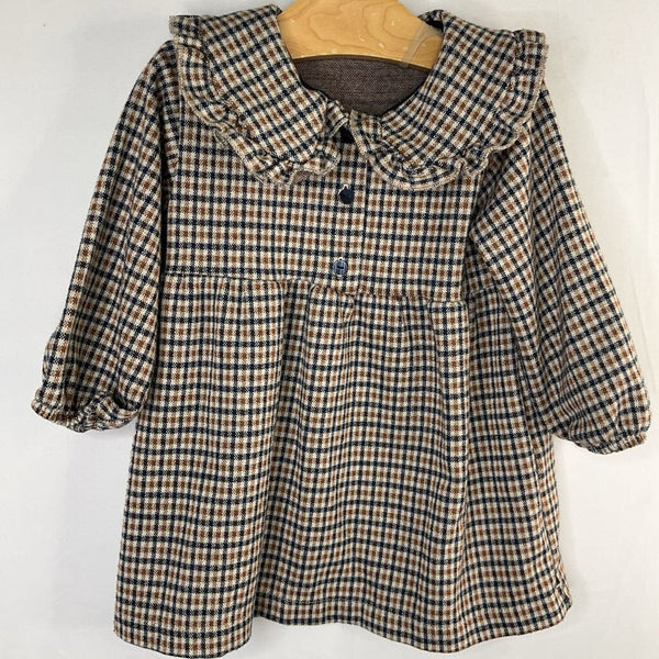 Size 12-18m Zara Brown/Navy Plaid Long Sleeve Collared Dress