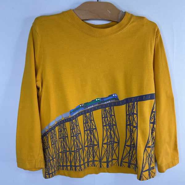 Size 4 (100): Hanna Andersson Yellow/Gray Train Crossing Long Sleeve Shirt