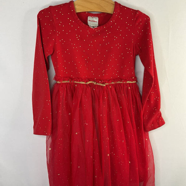 Size 4 (100): Hanna Andersson Red/Gold Dots Tulle Long Sleeve Dress