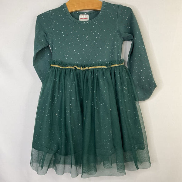 Size 3 (90): Hanna Andersson Green/Gold Dots/Stars Tulle Skirt Long Sleeve Dress