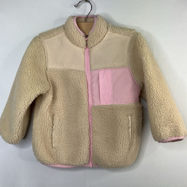 Size 3 (90): Hanna Andersson Cream/Pink Trim Sherpa/Nylon Zip Coat