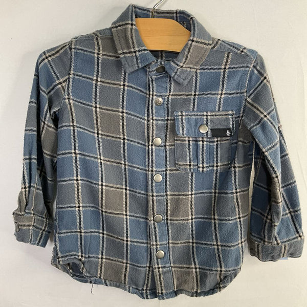 Size 2: Volcom Blue/Gray Plaid Flannel Snap-Up Shirt
