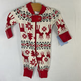 Size NB: Hanna Andersson Red/White/Green Fair Isle Reindeer Organic Cotton 1pc Zip-Up Holiday PJs
