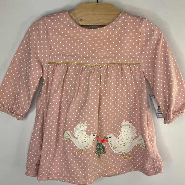 Size 0-3m: Boden Pink/White Dots/Bird Applique Long Sleeve Dress