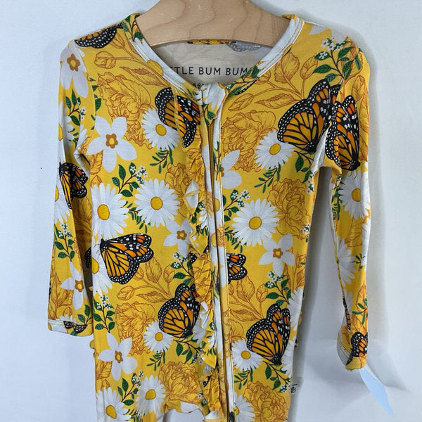 Size 6-9m: Little Bum Bums Yellow/White Butterfly Floral Bamboo 1pc Zip Footy PJs