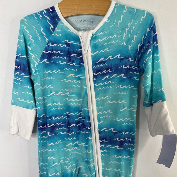 Size 3-6m: Coco Moon Blue/White Waves Bamboo 1pc Zip PJs