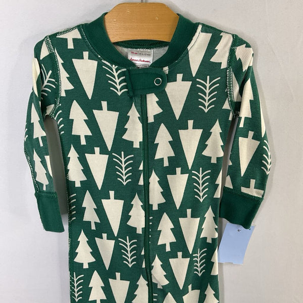 Size 6-12m (70): Hanna Andersson Green/White Trees 1pc Zip Holiday PJs