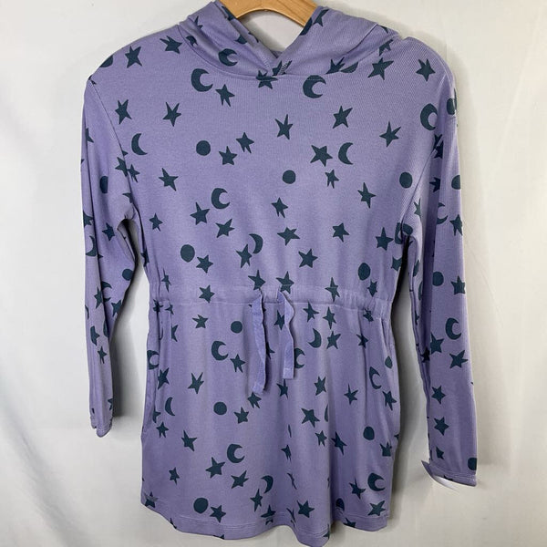 Size 8 (130): Hanna Andersson Purple/Blue Star/Moon Ribbed Hooded Long Sleeve Dress