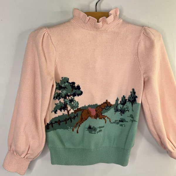 Size 3: Janie and Jack Pink/Green Horse Ruffle Collar Sweater