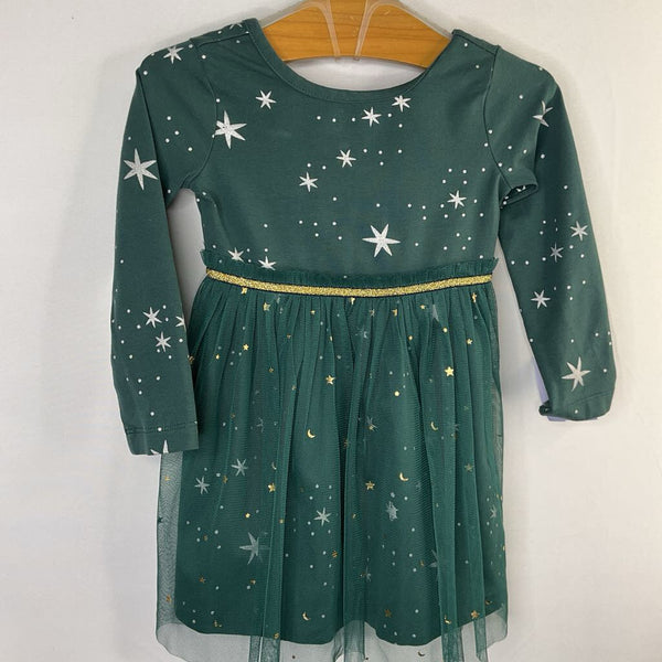 Size 2 (85): Hanna Andersson Green/SIlvers Stars Tulle Skirt Long Sleeve Dress