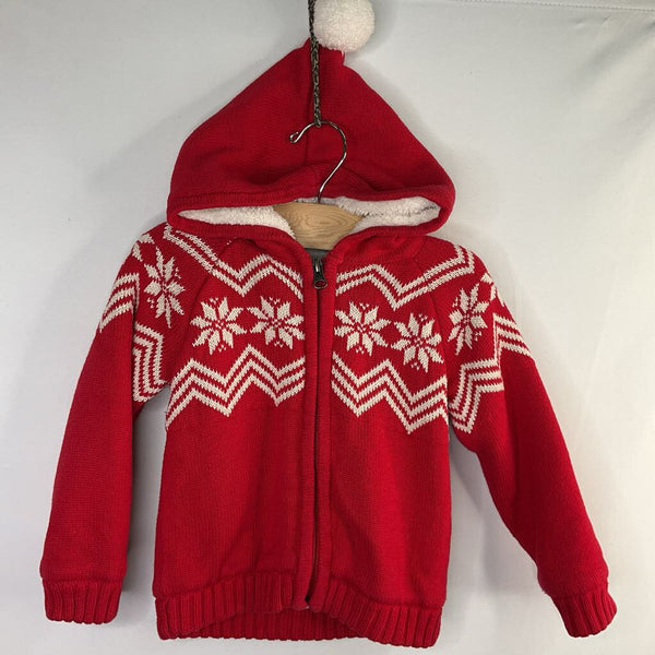Size 3 (90): Hanna Andersson Red/White Snowflakes Sherpa Lined Zip Hoodie