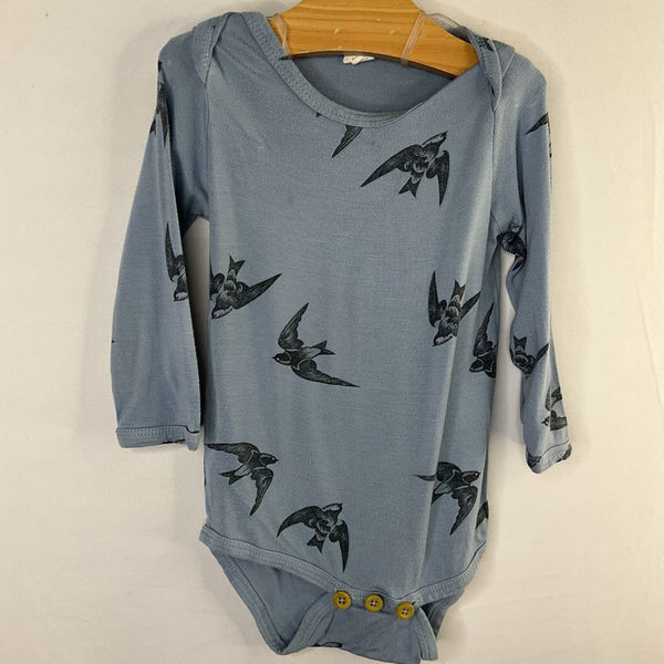 Size 12-18m: Kate Quinn Blue Swallows Bamboo Long Sleeve Onesie