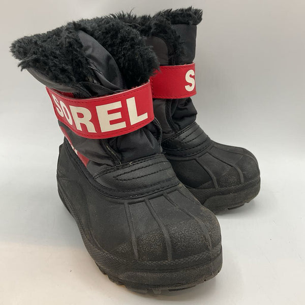 Size 10: Sorel Gray/Black/Red Faux Fur Trim Velcro Strap Snow Boots