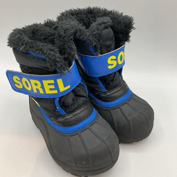 Size 7: Sorel Black/Blue Faux Fur Lined Velcro Snow Boots