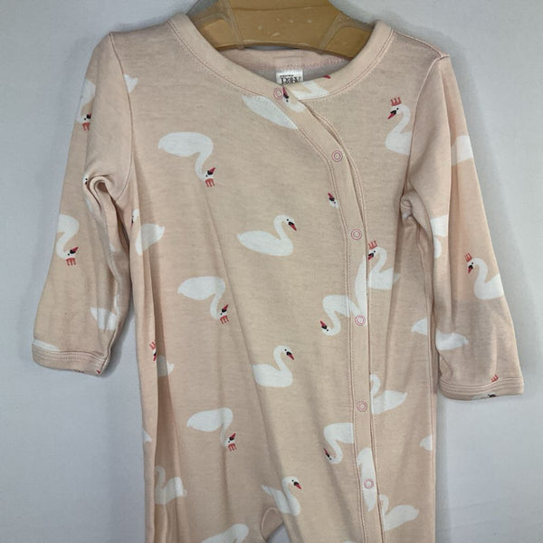 Size 9m: Nordstrom Pink/White Swans 1pc Snap Footy PJs