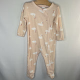 Size 9m: Nordstrom Pink/White Swans 1pc Snap Footy PJs