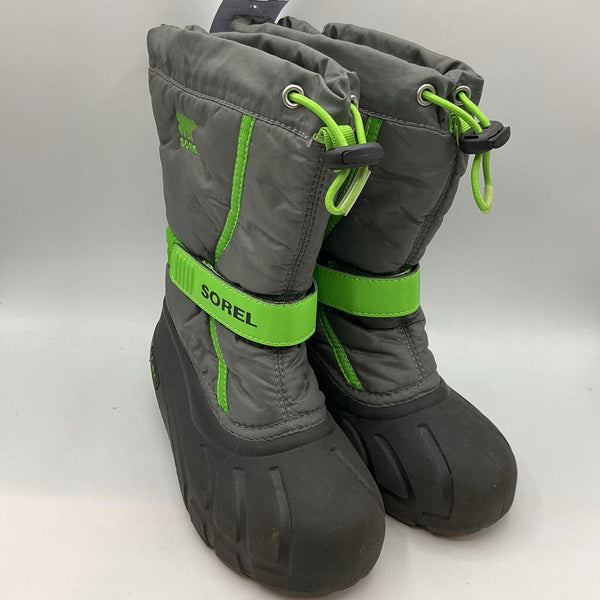 Size 1Y: Sorel Gray/Green Velcro/Toggle Snow Boots