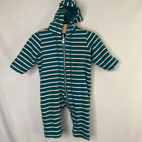 Size 3-6m (60): Hanna Andersson Teal/White Striped Fleece Lined Zip Romper