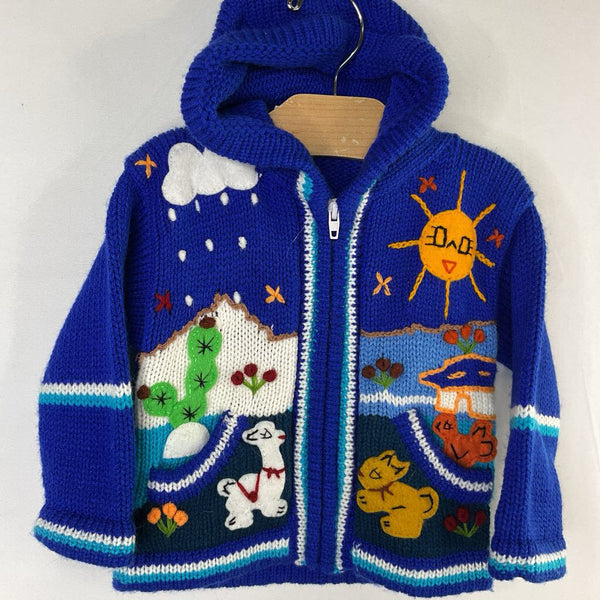 Size 2: Blue/Multi Animals Hooded Zip Sweater