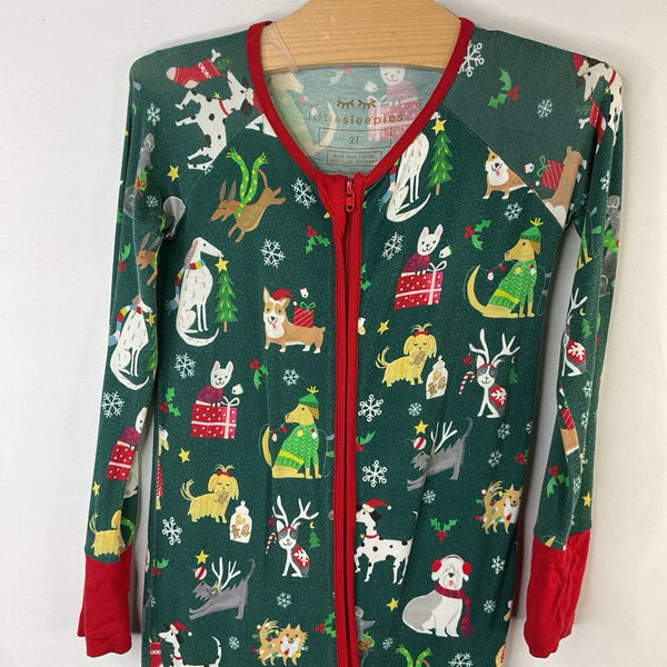 Size 2: Little Sleepies Green/Multi Doggies Bamboo 1pc Holiday PJs