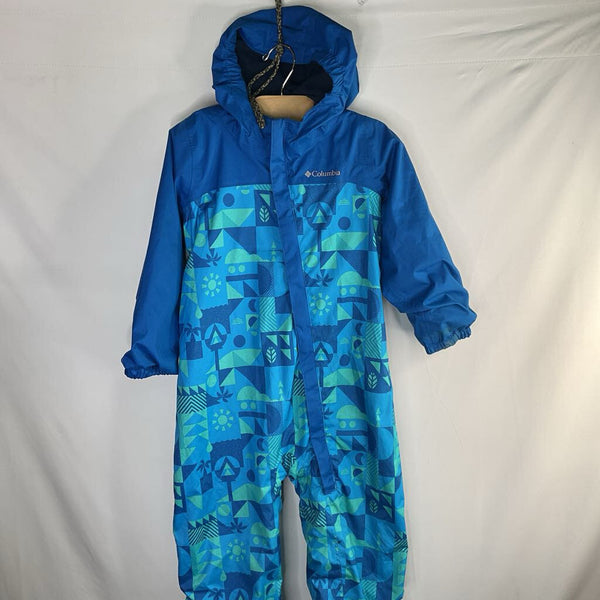 Size 4: Columbia Blue/Green Geo Print Fleece Lined Rainsuit
