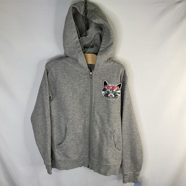 Size 6-7 (120): Hanna Andersson Gray Kitty Patch Zip Hoodie