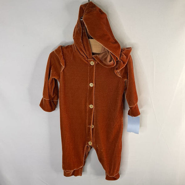 Size NB: Rachel Zoe Orange Velour Hooded Button/Snap Romper