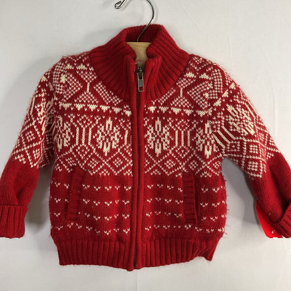 Size 6-12m: Peek Red/White Fair Isle Fleece Lined Zip Sweater