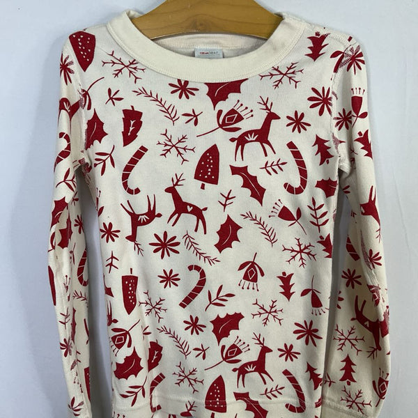 Size 6-7 (120): Hanna Andersson Cream/Red Holiday Motifs Organic Cotton 2pc PJs