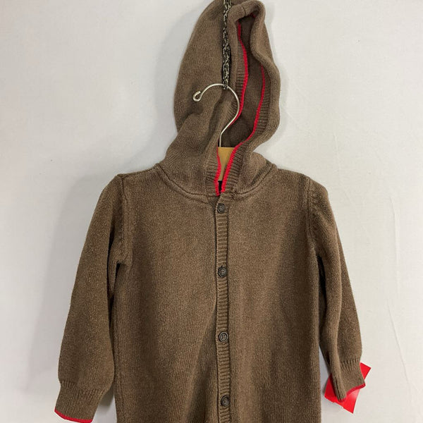 Size 12-18m: Tea Brown/Red Trim Hooded Sweater Romper