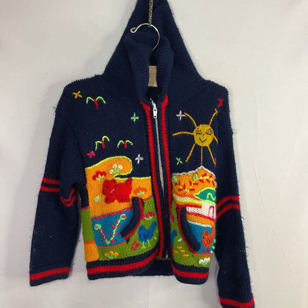 Size 3-4: Navy/Multi Animals Hooded Zip Sweater