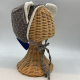 Size NB: Grey/White Crosses Teddy Ear Fleece Lined Bonnet