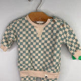Size 0-3m: Rabbit + Bear Beige/Blue Checkered 2pc Sweat Set