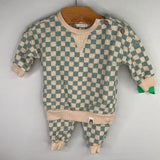 Size 0-3m: Rabbit + Bear Beige/Blue Checkered 2pc Sweat Set